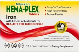 NaturesPlus Hema-Plex Fer - 10 comprimés à libération lente - 85 mg Fer chélaté - Santé totale du sang - avec vitamine C et bioflavonoïdes - végétalien, sans gluten - 10 portions