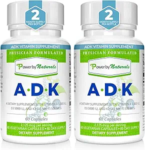 Power By Naturals Supplément de vitamine ADK : vitamine A, vitamine D3 5000 iu et vitamine K2 MK-7, supplément de vitamine ADK pour la santé des os, vitamine pure D3 K2 MK7 & A, boîte de 2 (60 capsules chacune)