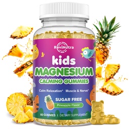 Gommies de magnésium pour enfants, Glycinat de magnésium pour enfants et adultes avec L-Theanine, Camomille, réglisse, vitamine D, B6 pour le sommeil, relaxation, cerveau et muscles, ananas sans sucre 60ct