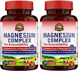 Vitalitown Magnésium Complex 2 Packs, 240 Capsules, Magnésium Glycinat certifié NSF, Malate, Taurate et Citrate, Formes chélatées, Haute Absorption, Os, Coeur, Sommeil et Digestion