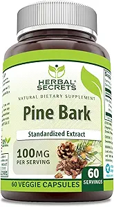 Herbal Secrets Supplément d'extrait d'écorce de pin 100 Mg par portion 60 Capsules de légumes non-OGM
