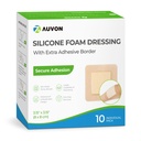 AUVON Mousse en silicone Dressing avec grande bordure adhésive, 3" x 3" 10 Packs Dressing Wound Bandage avec Haute Absorbence, Plaquettes en silicone imperméables pour soins et protection des plaies Plus Coussin
