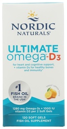 Nordic Naturals Ultimate Omega-D3, Saveur de citron - 120 gels mous - 1280 mg Omega-3 + 1000 UI Vitamine D3 - EPA & DHA - Promotion de la santé cérébrale, cardiaque et immunitaire - 60 portions