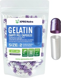 XPRS Nutra Taille 2 Capsules vides - 100 Compte Capsules de gélatine vides - Pills Bricolage Capsule Remplissage - Pure Pilule Pilule Gel Caps pour Do-It-Youlf Suppléments (Pearl Purple/White)