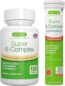 Super B-Complex Bundle, 180 comprimés à libération prolongée et 20 comprimés effervescents à saveur orange pour une énergie rapide en marche, par Igennus