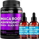 4-en-1 Liquid Biotin Collagen Kératin Saw Palmetto gouttes (2 fl oz - 2 pack) & 6-en-1 Maca Root Ashwagandha w Black Pepper Fruit (120ct) Bundle - Cheveux, peau, ongles, énergie et soutien de l'humeur