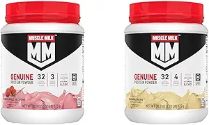 Lait musclé véritable en poudre de protéines, fraises 'N Crème 1.93 livres 12 portions 32g Protéines 3g Sucre et banane Crème 1.93 livres 12 portions 32g Protéines 4g Sucre