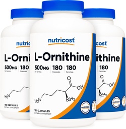 Nutricost L-Ornithine 500mg; 180 Capsules (3 bouteilles)