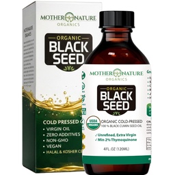 Mère Nature USDA Huile de Graine Noire Bio – Cold Pressed, Non raffiné & Vegan Nigella Sativa, High Thymoquinone (2%+), Omega 3 6 9 pour Immune, Soutien articulaire et cardiaque, Cheveux et peau, Non-OGM, 4oz