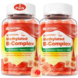 Gummées remplies de Super Vitamine B complexe pour femmes et hommes, méthylées avec Oméga 3, Magnésium, CoQ10, Ashwagandha, Vitamine C, TMG, Sans sucre - 60 Compte (paquet de 2)