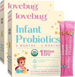 LOVEBUG Probiotiques pour nourrissons 0-6 mois - USDA Probiotiques biologiques pour bébés, soutient le gaz bébé, le colique, la diarrhée et le soulagement de la constipation nouveau-né, sans allergène et sans sucre, poudre sans goût, 60 pack
