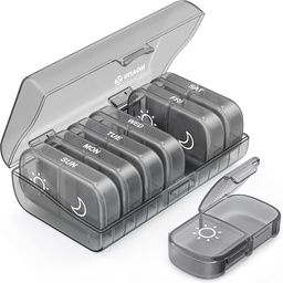 AUVON XL Organisateur de pilules hebdomadaires 2 fois par jour, boîte à pilules 7 jours avec des grandes ouvertures simples pour une utilisation facile, boîte à pilules gris AM PM pour médicaments, vitamines, huiles de poisson, suppléments