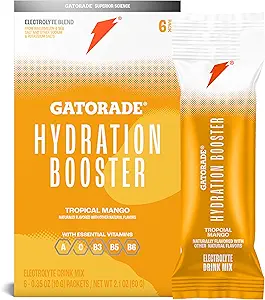 Gatorade hydratant Boissons électrolytes Mélanges de poudre, Mango Tropical, Mélange d'électrolyte avancé, Pas de colorants ajoutés, Pas d'édulcorants artificiels, Vitamines essentielles A, C, B3, B5, B6, fait 20 Fl Oz, (6 Pack)