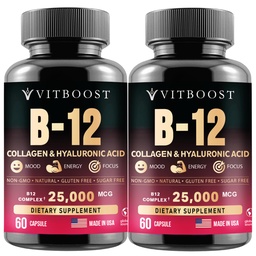 B12 méthylcobalamine avec acide hyaluronique, collagène et folate – Supplément de 25000 mcg Améliorer l'absorption et stimuler l'énergie.