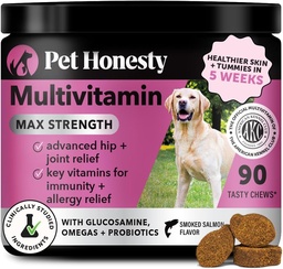 Dog Multivitamine Max Strength - 15 en 1 Vitamines pour la santé et le cœur - Essentiels Huile de poisson, Glucosamine, Probiotiques, Oméga Huile de poisson - Multivitamines Suppléments pour la peau et le manteau
