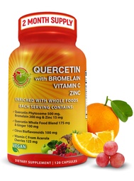 Quercetine à la vitamine C et au zinc enrichi avec des aliments entiers biologiques - 1215mg par portion - Quercetin Phytosome 500mg Capsules avec gingembre et flavonoïdes pour le soutien immunitaire - 120 Compte