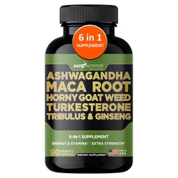 Gade Nutrition Ashwagandha avec racine de Maca, herbe de chèvre Horny, supplément de Turkestérone, Tribulus Terrestris, Panax Ginseng, 90 capsules végétales pour l'énergie, l'endurance, la performance.
