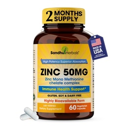 Sandhu Herbals Zinc 50mg Supplément pour les hommes et les femmes de haute absorption Zinc Monométhionine complexe 60 Capsules de Supplement pour Immunine, Acné & Antioxydant Support
