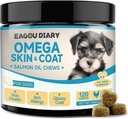 Huile de saumon EagouDiary Chews pour chiens, supplément de peau et de manteau Omega 3 pour chiens avec acides gras EPA et DHA, angelica, méthionine, vitamines,minéraux pour la peau démangeaison et le soulagement de l'allergie (120Ct)