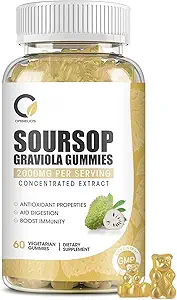 Sourop Graviola Gommies - Feuilles de Sourop organiques et extrait de fruits - Aide digestive, support immunitaire et propriétés antioxydantes - Non-OGM, 60 Gommies