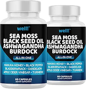 Sea Moss 3000, Black Seed Oil 2000, Ashwagandha 1000, Bladderwrack, Maca, Turmeric - Manuka Honey, Dandelion & Black Pepper, Supplément Super Antioxydants -120