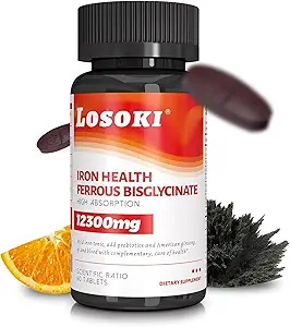 Losoki Fer Bisglycinate 20 mg avec vitamine C, B12 Ginseng américain et probiotiques, doux sur l'estomac, soutient l'énergie et la carence en fer - non OGM, 60 comprimés