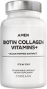 Amen Biotine Collagène Vitamines+ 10 000 mcg Supplément Biotine - Collagène hydrolysé, Vitamines C et E, Folate, Acide hyaluronique, Keratine, MSM, Saw Palmetto - Approvisionnement de 3 mois - Non-OGM - 90 Capsules