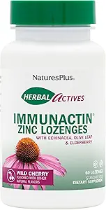 NaturesPlus Herbal Actives ImmunActin Zinc Lozenges - 10 mg Zinc, 60 Vegan Lozenges - Saveur de cerise sauvage - Immune Booster avec Echinacea & Elderberry - Végétarien, sans gluten - 60 portions