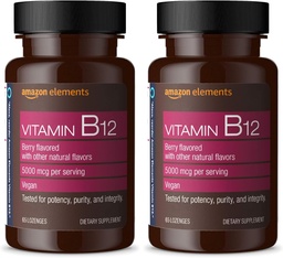 Éléments Vitamine B12 méthylcobalamine 5000 mcg - Production d'énergie normale et métabolisme, support du système immunitaire - 2 mois d'approvisionnement, Lozanges aromatisées aux baies, 65 comtes (paquet de 2)