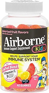 Vitamine C aéroportée 500mg (par portion) Gommies aromatisées aux fruits assorties (42 Compte dans une bouteille), supplément de soutien immunitaire sans gluten avec des vitamines A C E, Sélénium, Echinacea & Ginger