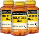 MASON NATURAL Mélatonine 3 mg avec B6 et calcium, aide naturelle au sommeil, soutient le sommeil reposant, 60 comprimés (paquet de 3)