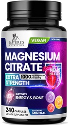 Supplément de Citrate de magnésium 1000mg - Suppléments de magnésium de force 3X pour os, muscles, coeur, soutien du sommeil de la nature pour les hommes et les femmes, Vegan Mag Mineral, non-OGM, mis en bouteille aux États-Unis, 240 Capsules