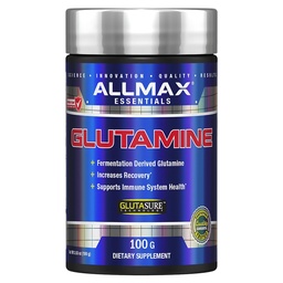 ALLMAX Essentials GLUTAMINE - 100 g Poudre - Glutamine séchée à la fermentation - Augmente la récupération et soutient le système immunitaire - Sans gluten et végétalien - 20 portions