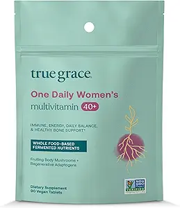 True Grace One Daily Femmes Multivitamine 40+ Fermented Minerals, Organic Adaptogens & Mushrooms Energy, Immune, Bone Support - Non-OGM - Fer, gluten et sans soja - 90 comprimés végétaliens