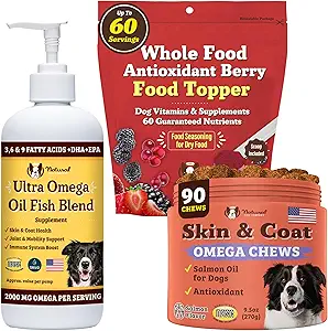 Natural Dog Company Skin & Coat Health Bundle with Omega-3, DHA, and Antioxidants for Dogs, soutient la peau saine, le manteau brillant et le bien-être général idéal pour le soulagement de la peau sèche et l'amélioration de la brillance de la robe de chien