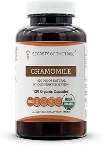 Secrets de la tribu Chamomile USDA Organic 120 Capsules.com Supplément à base de plantes à haute capacité.com Fabriqué avec des capsules végétariennes et de la camomille biologique (Matricaria recutita) Fleur séchée (120 comte)