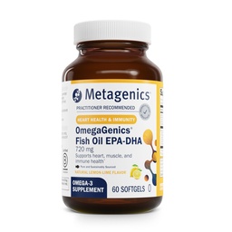 Métagène OmegaGenics Fish Oil EPA-DHA 720 mg - Supplément Omega-3 de haute puissance* - Soutient la santé du coeur, des articulations, du cerveau et des immunes* - Huile de poisson à source durable, testée à la pureté - 60 Softgels