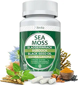 Sea Moss Black Seed Oil Capsules - Suppléments avec Seamoss, Ashwagandha, Burdock Root, Ginger & Multiminéral pour le soutien immunitaire et digestif, améliorer l'énergie pour les hommes et les femmes - 60 capsules