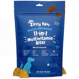 Zesty Paws Senior Dog Multivitamin Treats - Glucosamine pour chiens + enzymes digestives et probiotiques - Vitamines et suppléments sans grains pour chiens pour la peau et le manteau + poulet de santé immunitaire - Avancé - 60ct