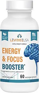 Levitate Energy & Focus Booster – Supplément puissant de performance cérébrale - Améliore l'apprentissage, la concentration, la mémoire - Capsules organiques - Formule de soutien énergétique pour les hommes et les femmes - 60 Compte