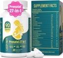 Vitamines prénatales pour femmes Multivitamines postnatales avec acide folique Choline DHA pour femmes enceintes et allaitantes Biotine niacinamide et minéraux 27 en 1 Supplément 90 Capsules-30 portions