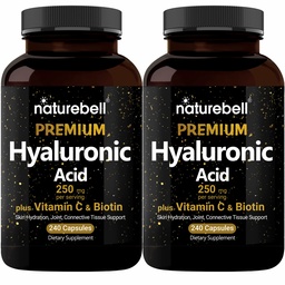 NatureBell 2 Pack de suppléments à base d'acide hyaluronique à base de plantes 250mg avec 25mg Vitamine C & Biotin 5000mcg, 480 Capsules Totales.