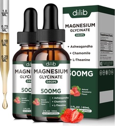 Supplément de gouttes liquides de glycinate de magnésium, avec le glycinate de magnésium 500mg Ashwagandha, L - Theanine, Camomille - Soutien anti-stress, os, Muscle, Mood Fraise Flavor 2Pack