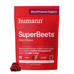 Humann SuperBeets Heart Chews, supplément énergétique de soutien de la poudre de betterave, oxyde nitrique et soutien de la pression artérielle, extrait de graines de raisin et non-OGM, santé du coeur, fleur de berry de grenade, 60 comte