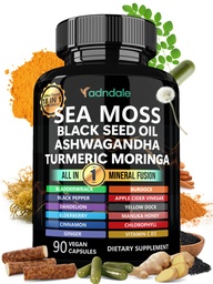Adndale Sea Moss Black Seed Oil Capsules de gingembre Ashwagandha. Capsules SeaMoss avec huile de graines noires, Ashwagandha, curcuma, Moringa, Bladderwrack, root de Burdock, miel de Manuka, cannelle