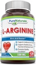 Pure Naturals L-Arginine 500 Mg Capsules, soutient la santé cardiovasculaire, soutient la santé immunitaire et la santé hormonale, favorise la circulation saine (120)