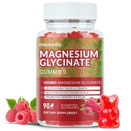 Glycinat de magnésium Gommies 1000mg, Suppléments de potassium de magnésium sans sucre Chewable pour adultes avec L-Thréonate pour le sommeil, le soutien corporel et la relaxation,90 Gommies de framboises