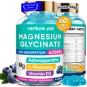 60 jours d'approvisionnement Magnésium Glycinate 400mg Gommies avec Ashwagandha, L-Theanine, CoQ10, Vitamine D3 & B6, sans sucre Gommies de magnésium pour adultes et enfants, soulagement du stress, sommeil et calme, végétalien, sans gluten