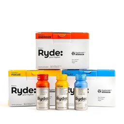 Ryde: Discovery Pack (Energize, Focus & Relax Shots) Thé vert Caféine, Taurine, Ginseng, B Vitamines, L-Theanine, Baume de citron, Camomille (en anglais seulement) 0 Calories, 0 Sucre (en anglais seulement)