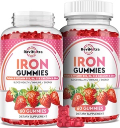 Gommies de fer - avec Calcium, Zinc, Folate et Vitamine B12, C, B6 pour adultes et enfants - Constructeur de sang et soutien énergétique pour l'insuffisance en fer, Anémie, Vegan - 2 packs de saveur de fraise,60 Gommies